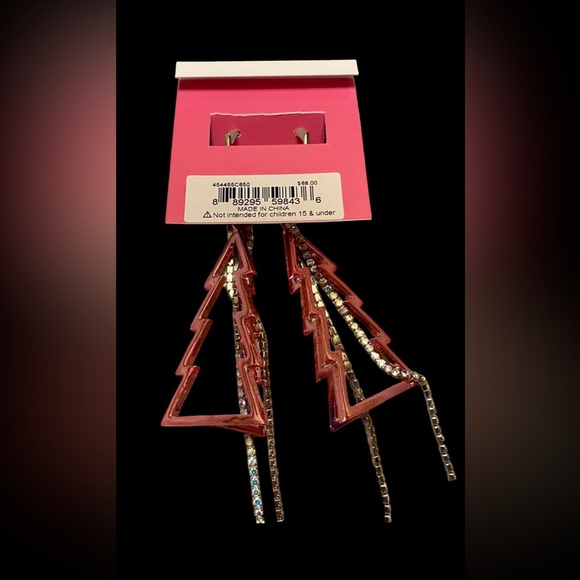 BETSEY JOHNSON Open Pink with Crystal Strand Christmas Tree Dangle Earrings NWT - Picture 2 of 3